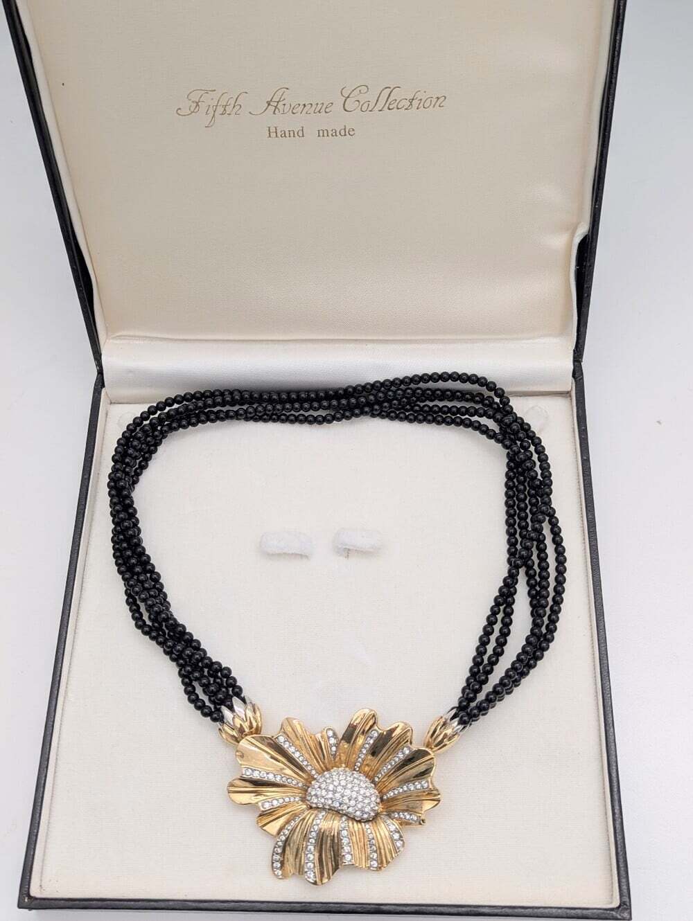 Vintage 5th Avenue Collection Gold-Tone Flower on Black Beaded Necklace
